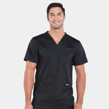 Front view of Cherokee Revolution WW670 men's v-neck utility scrub top in Black