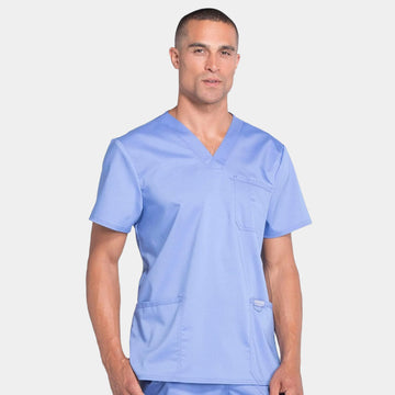 Front view of Cherokee Revolution WW670 men's v-neck utility scrub top in Ceil