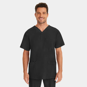 Front view of Healing Hands Matthew men's V-neck scrub top in Black color